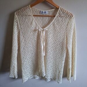Pastel Yellow Soft Girl Coquette Mesh Open Knit Cardigan Ribbon Bow Bell Sleeves